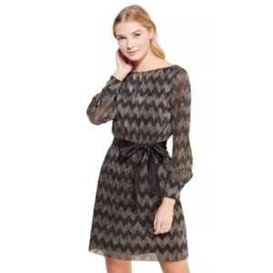 Banana Republic Metallic Chevron Long Sleeve Shift Dress W/Satin Belt